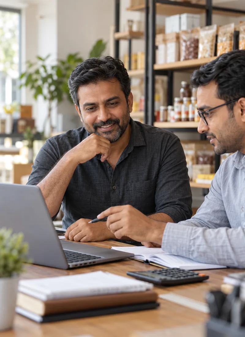 Illustrative scene of a business owner and accountant checking records