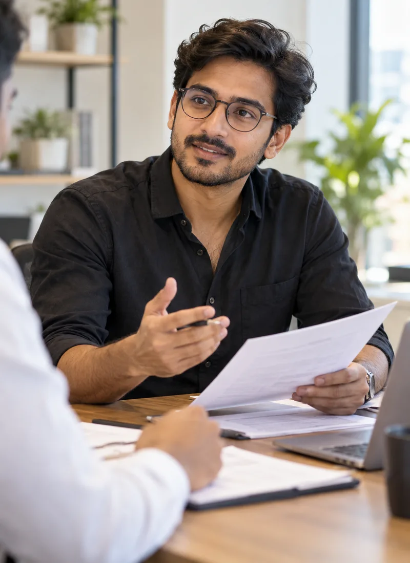 Illustrative scene of a founder discussing business registration documents