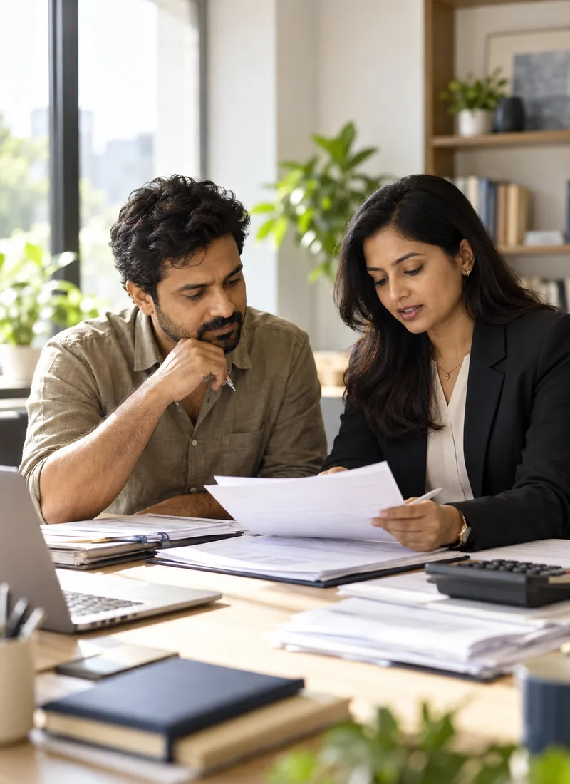 Illustrative scene of a tax adviser reviewing paperwork with a business owner