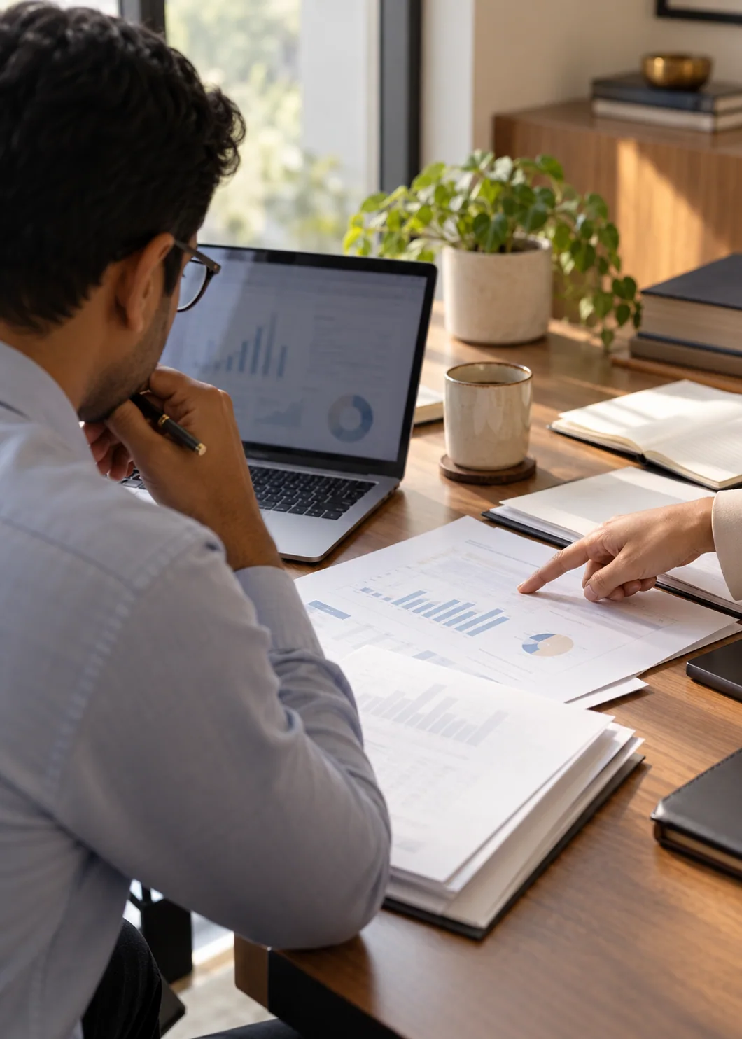 Illustrative scene of a professional reviewing financial documents at a desk