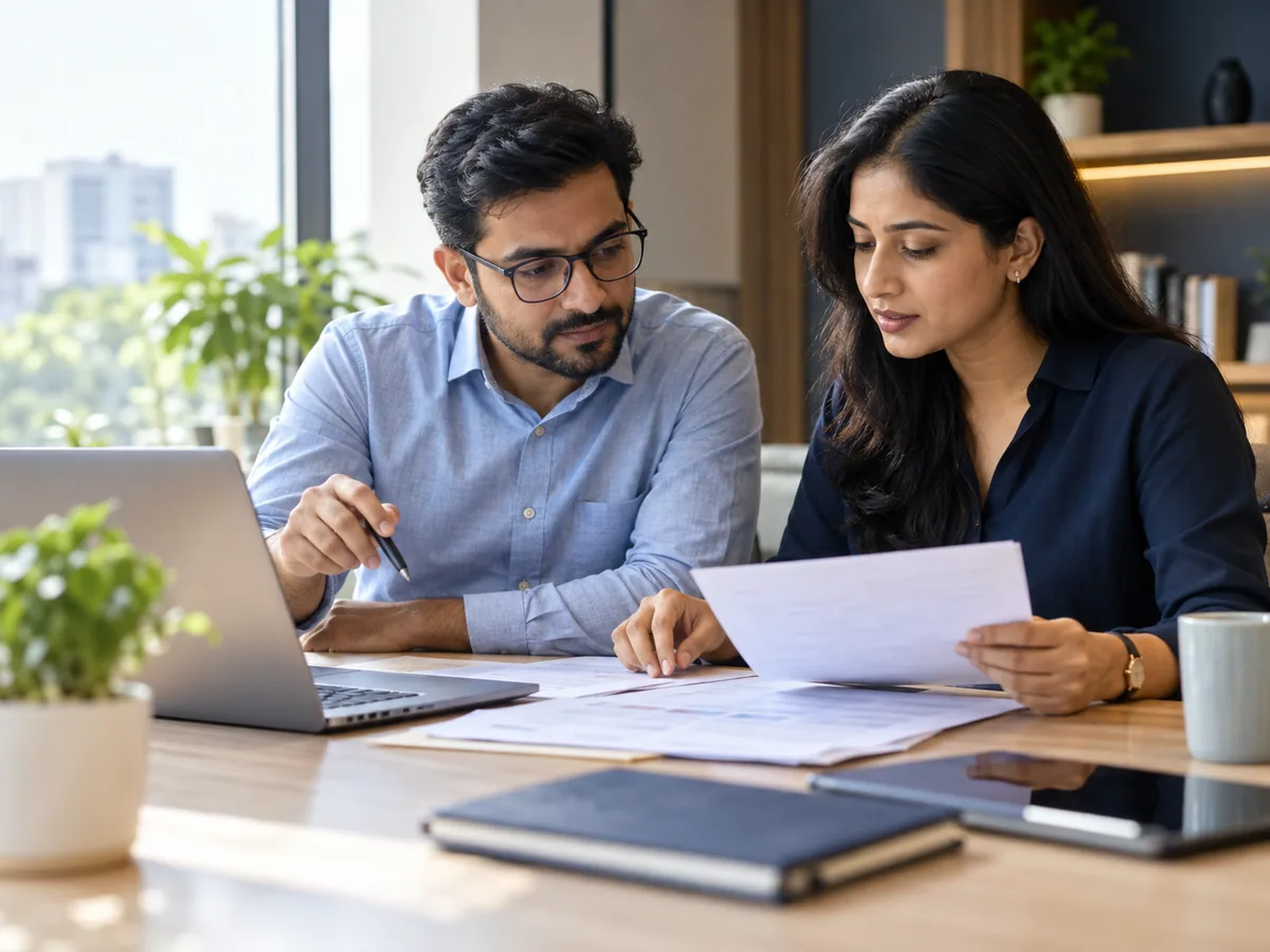 Illustrative scene of two professionals discussing business documents
