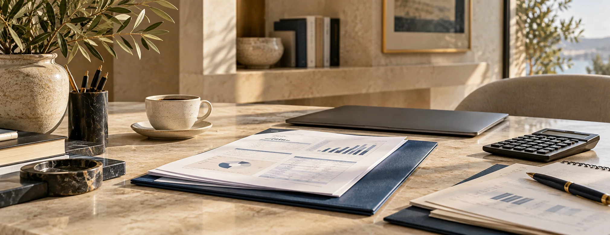 Illustrative organised workspace with financial documents and a laptop